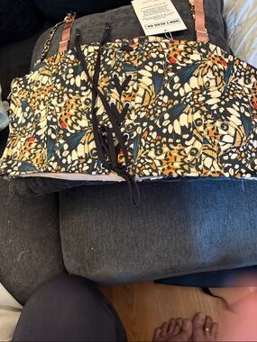 Wildfang Butterfly-Print Lace-Up Corset Top in Black, Cream & Mustard